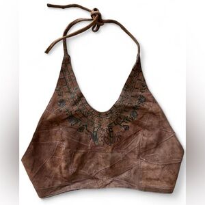 Vintage Patchwork Suede Halter Top by Passport, Size Medium, Embroidered, Boho